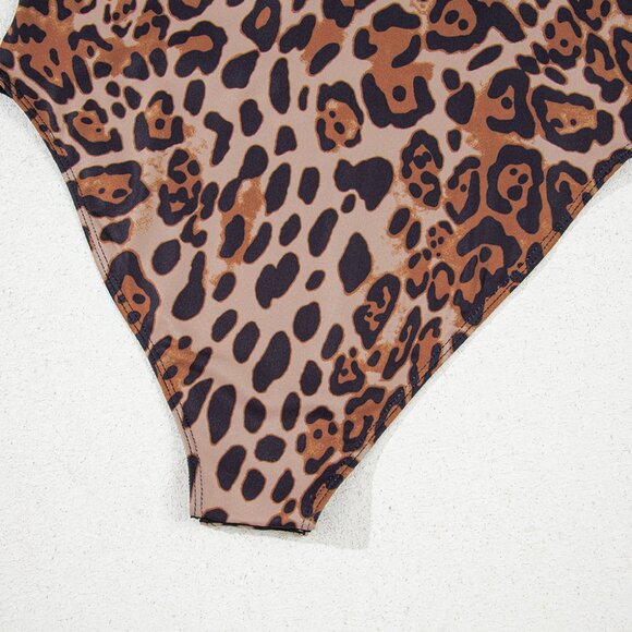 B252 Brown Spaghetti Straps Ruched Leopard Bodysuit - Picture 13 of 16
